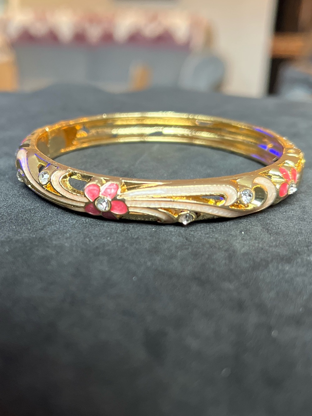 Gold Floral Enamel Bangle Bracelet with Pink Accents